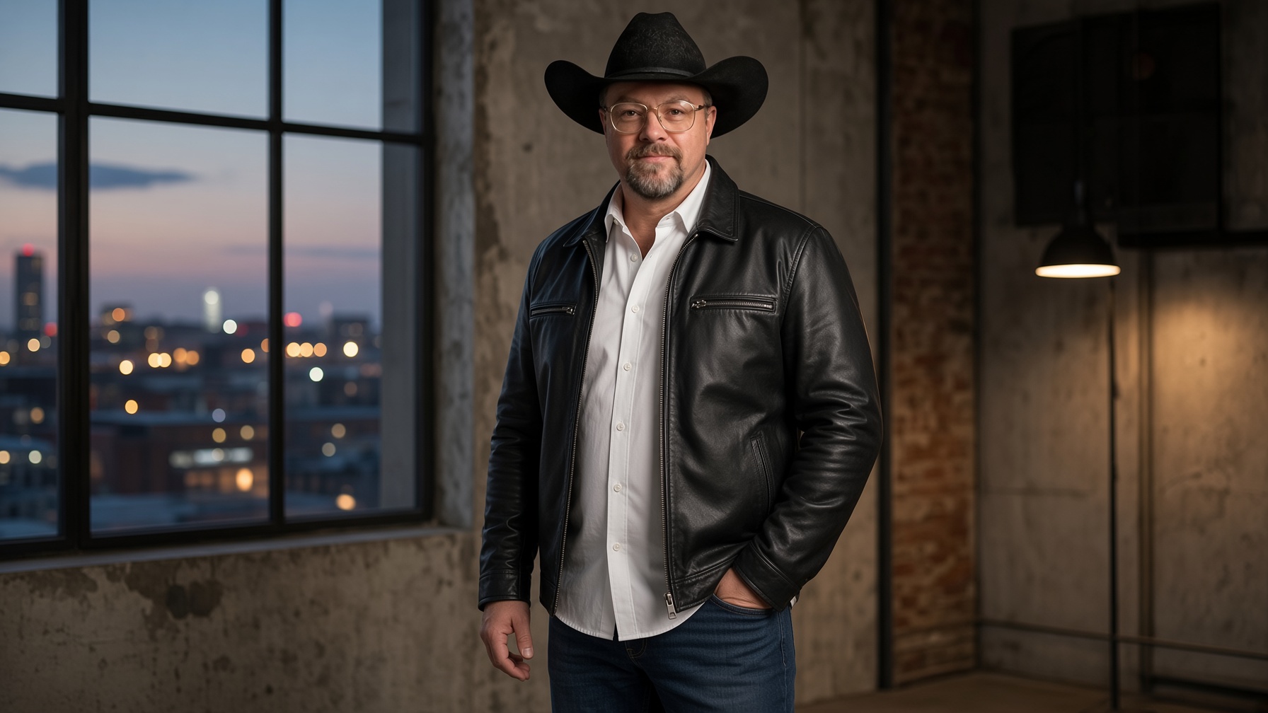 Chad Sanders in a city loft at dusk, leather jacket, industrial brick walls